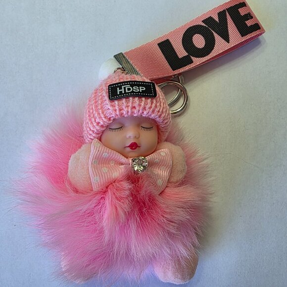 Cute Baby Sleeping Keychain with LOVE tag, Plush rabbit fur, Bag Charm, - Picture 3 of 7